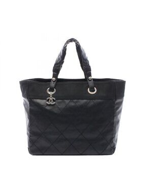 Chanel Tote Paris Biarritz MM Black Canvas Leather MM